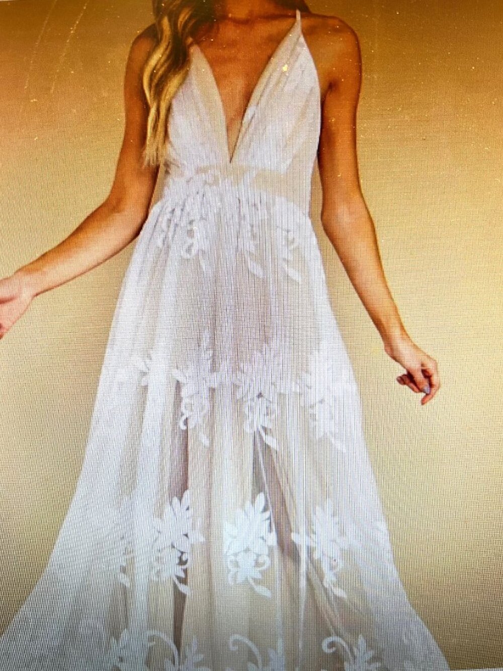 Ever After-Spaghetti Halter White/Nude Mesh Floral Long Maxi Dress-Large (10)